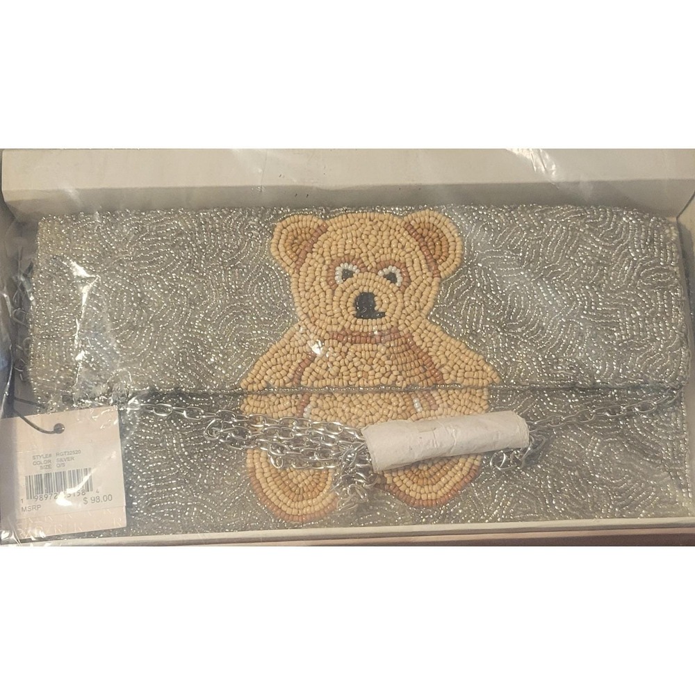 Rachel Zoe Silver Beaded Bear Clutch Shoulder Strap Card Case Bag Charm - Picture 4 of 9